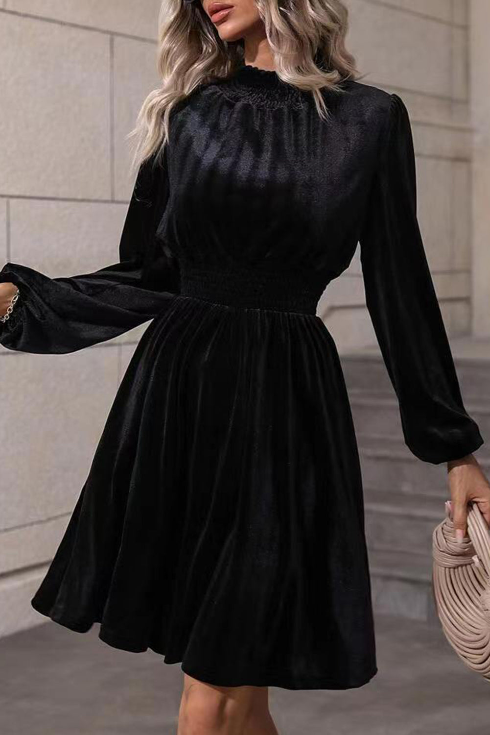 Black Collar Solid Color Velvet Long Sleeve Dress