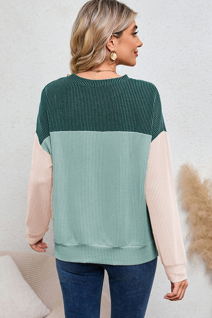 Khaki Color Block Ribbed Loose Long Sleeve Top