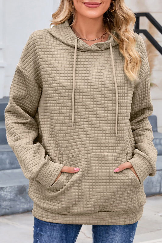 Khaki Lattice Textured Kangaroo Pocket Drawstring Hoodie