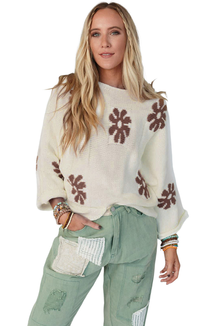 White 60s Floral Pattern Crewneck Sweater