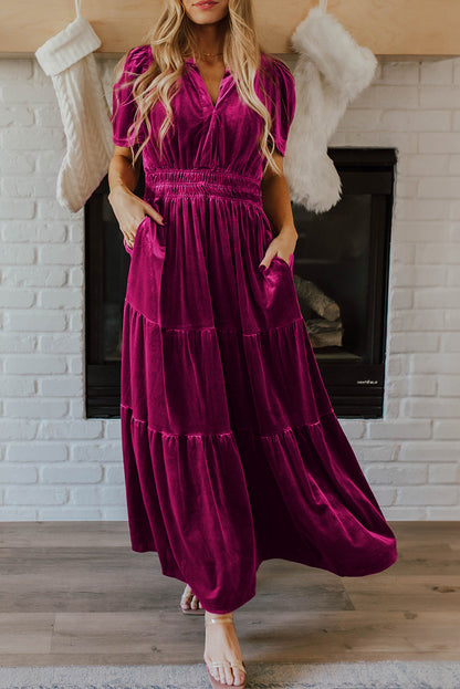 Chestnut Elegant Velvet Shirred Waist Tiered Maxi Dress