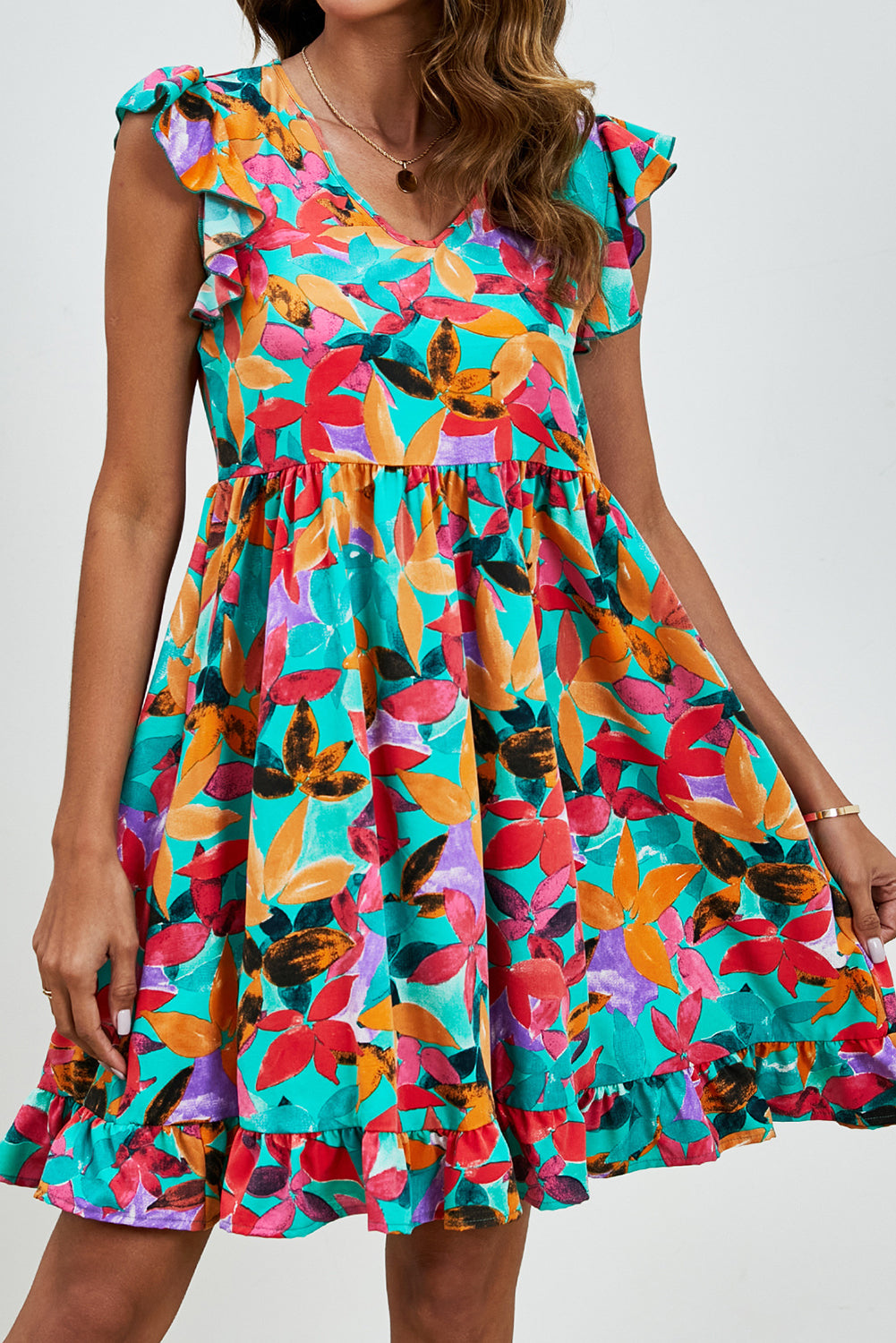 Green Leaf Print V Neck Fly Sleeve Midi Dress