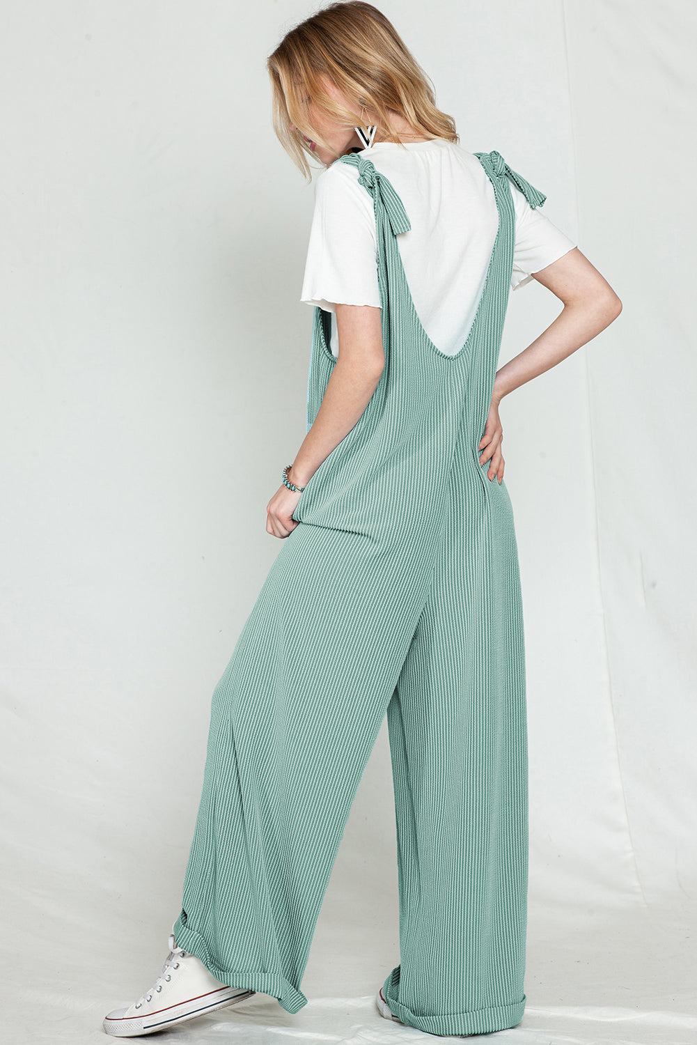 Dark Grey Green Pockets Oversized Ribbed Wide Leg Jumpsuit