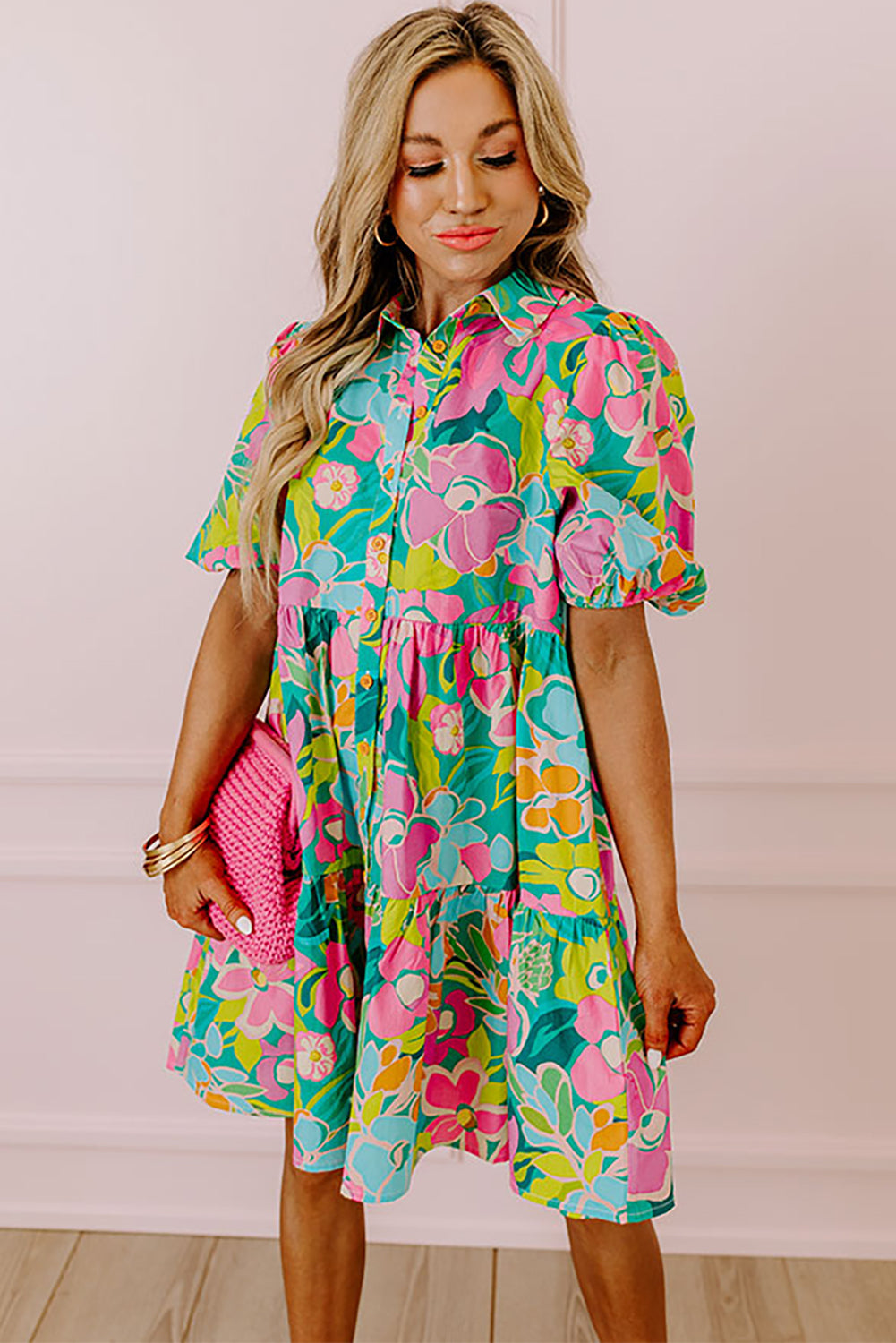 Green Floral Puff Sleeve Buttoned Babydoll Dress