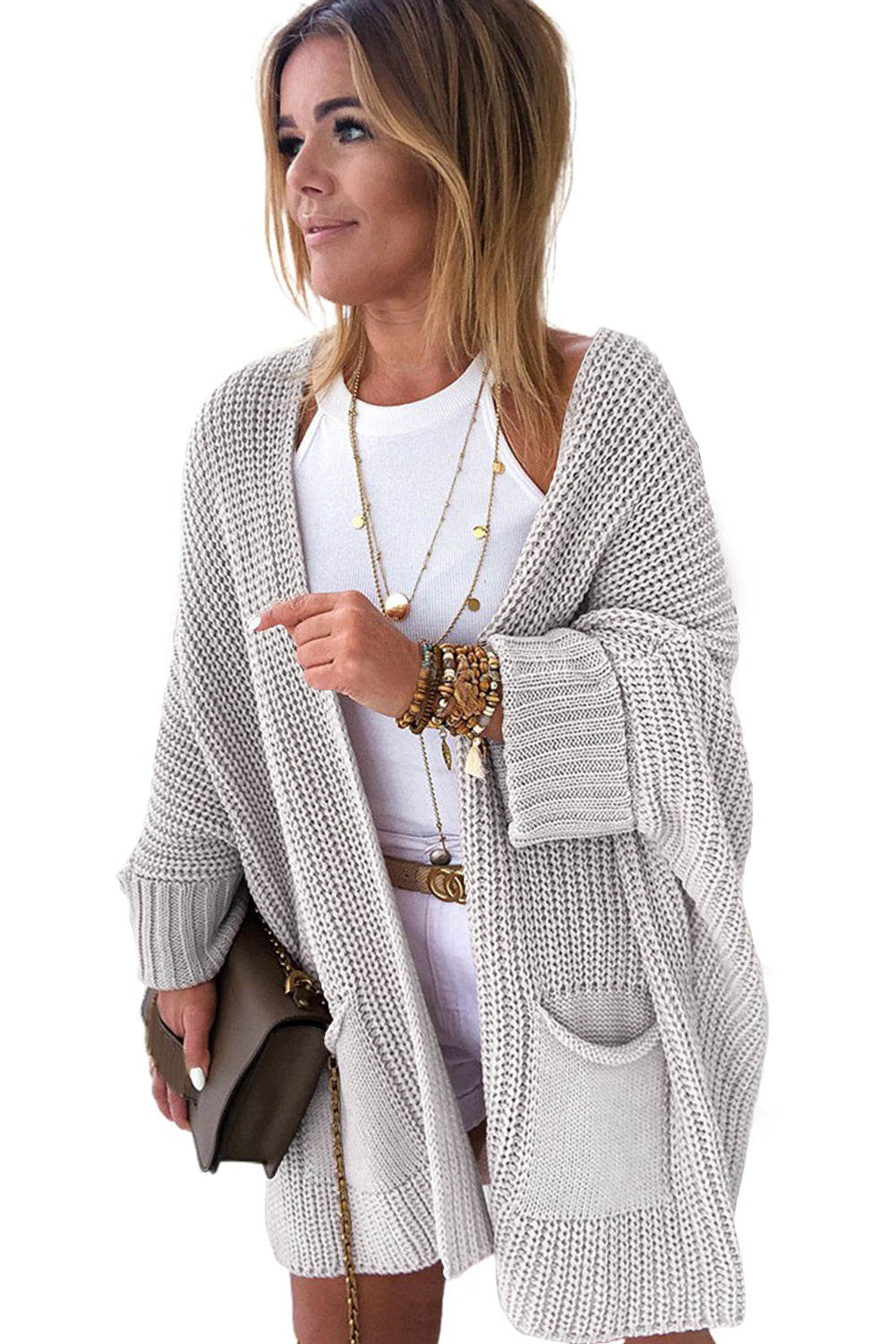 Khaki Batwing Sleeve Pocket Oversized Cable Knit Cardigan