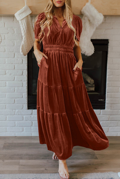 Chestnut Elegant Velvet Shirred Waist Tiered Maxi Dress