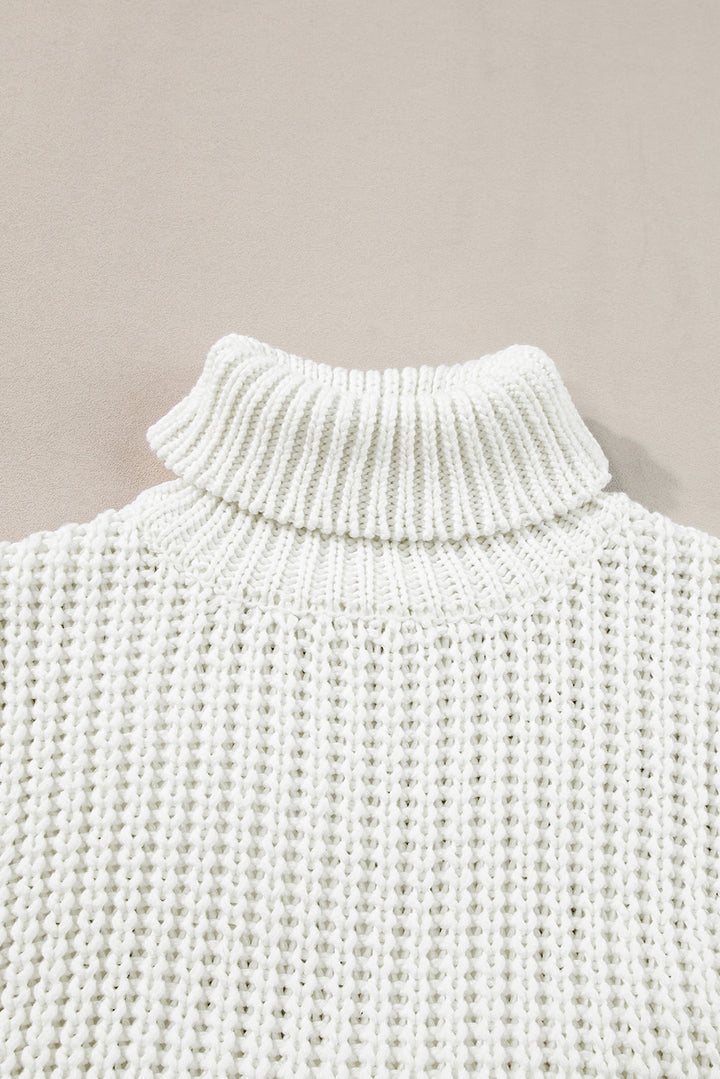 White Turtleneck Knitted Slit Hem Sweater Vest