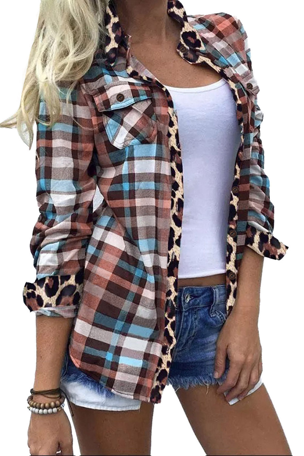 Multicolor Plaid Leopard Trim Collared Button Up Shacket
