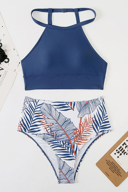 Tropical Print Back Split Color Block High Waisted Swimsuit