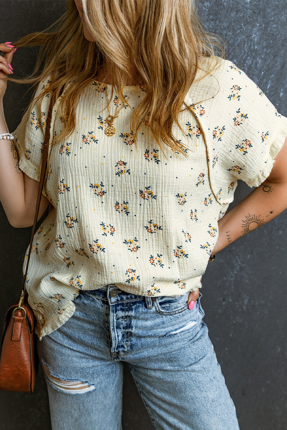 Beige Ditsy Floral Print Fringe Trim Crinkled Top