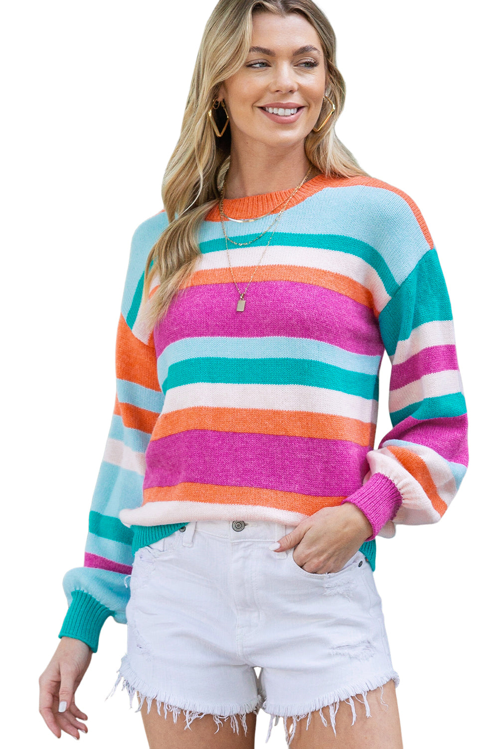 Multicolor Striped Knit Drop Shoulder Lantern Sleeve Sweater