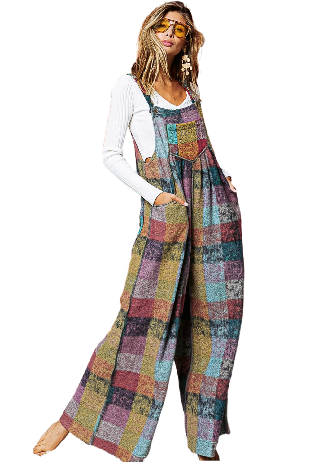 Multicolor Brushed Checked Pockets Pleated Wide Leg Overall