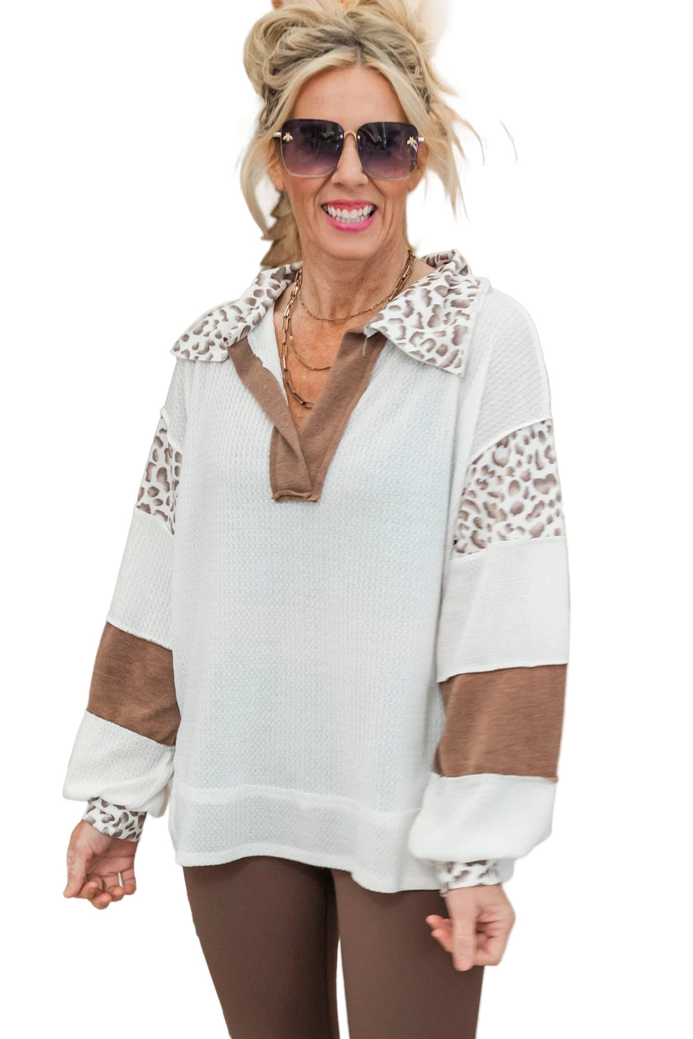 White Leopard Patchwork Turn-down Collar Waffle Top