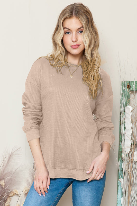 Apricot Crew Neck Ribbed Trim Waffle Knit Long Sleeve Top