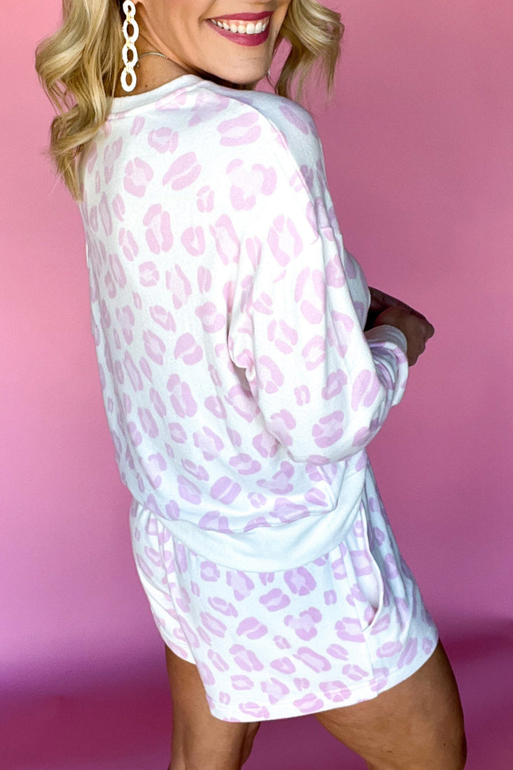 Pink Leopard Print Long Sleeve Top and Shorts Set