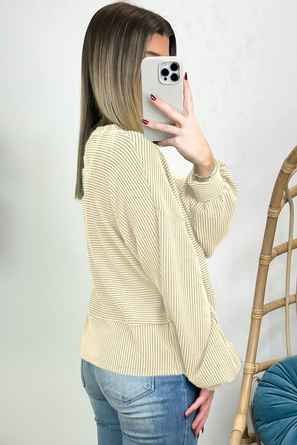 Apricot Textured Lantern Sleeve Henley Top