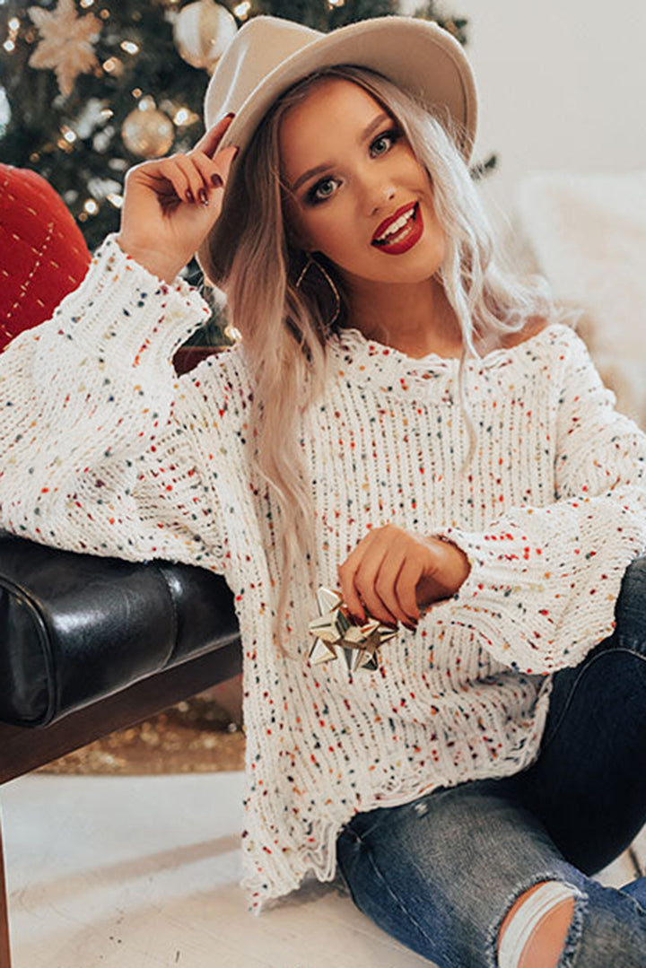 White Colorful Popcorn Knit Distressed Tunic Sweater