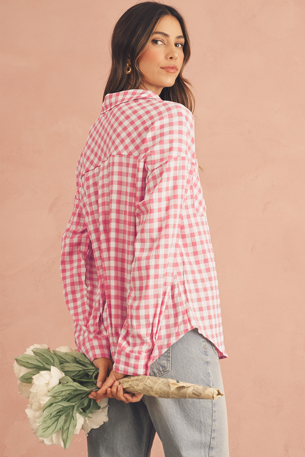 Pink Gingham Print Chest Pockets Buttoned Shirt