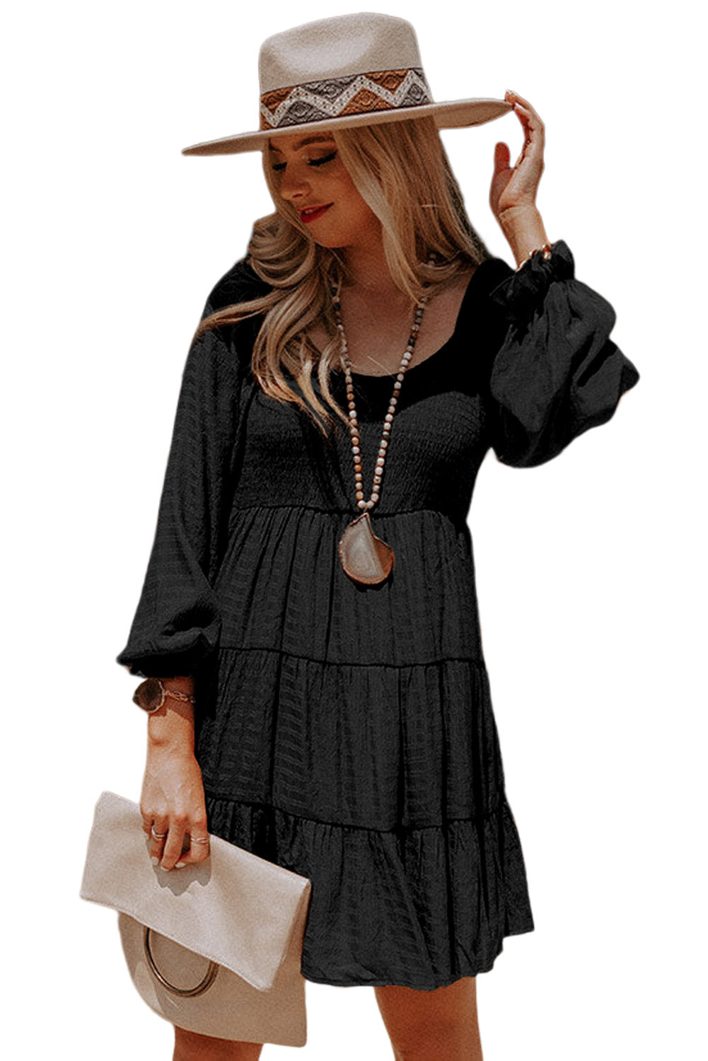 Long Sleeve Smocked Tiered Boho Dress