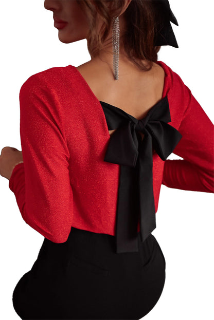 Racing Red Sweet Bowknot Backless V Neck Long Sleeve Top