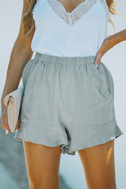 Khaki Casual Pocketed Ruffle High Waist Shorts