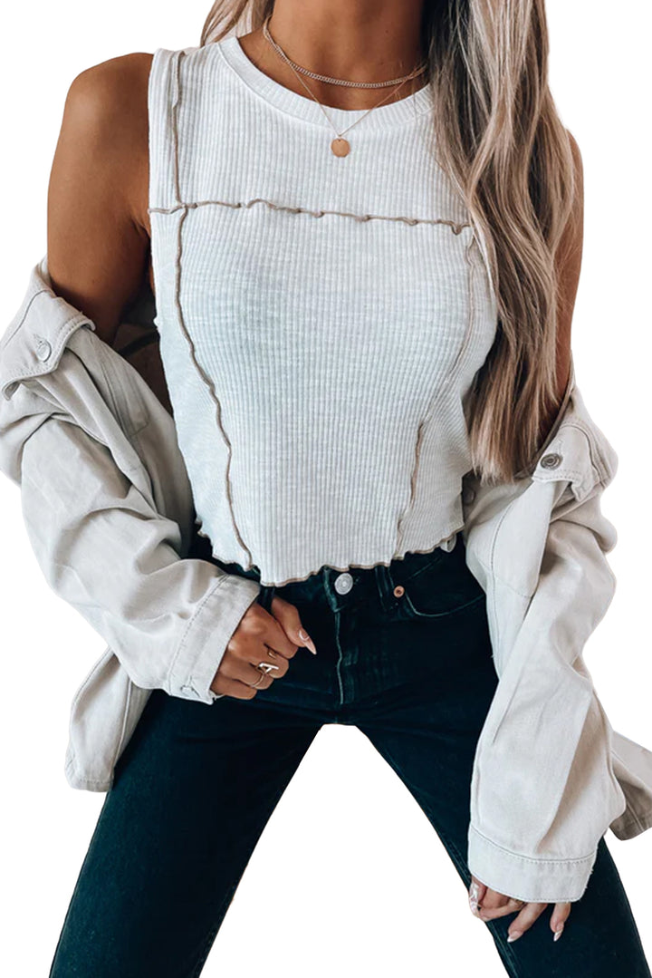 White Exposed Seam Ribbed Cropped Tank Top