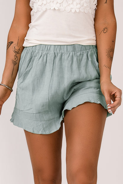 Khaki Casual Pocketed Ruffle High Waist Shorts