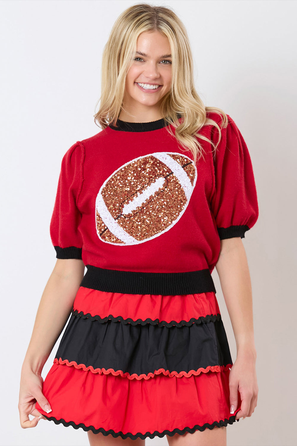 Sequin Rugby Color Block Puff Sleeve Knit Top