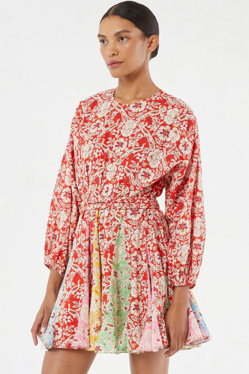 Red Boho Floral Patchwork Long Sleeve Pleated Dress