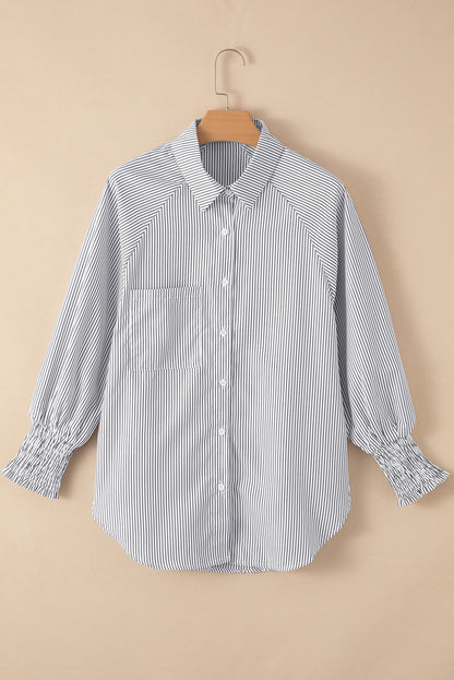 Black Striped Casual Shirred Cuffs Shirt