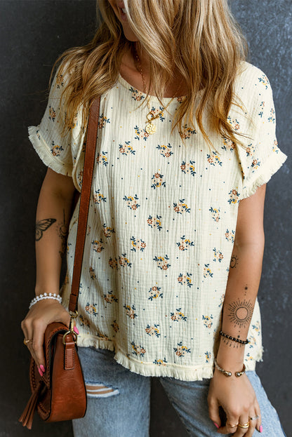 Beige Ditsy Floral Print Fringe Trim Crinkled Top