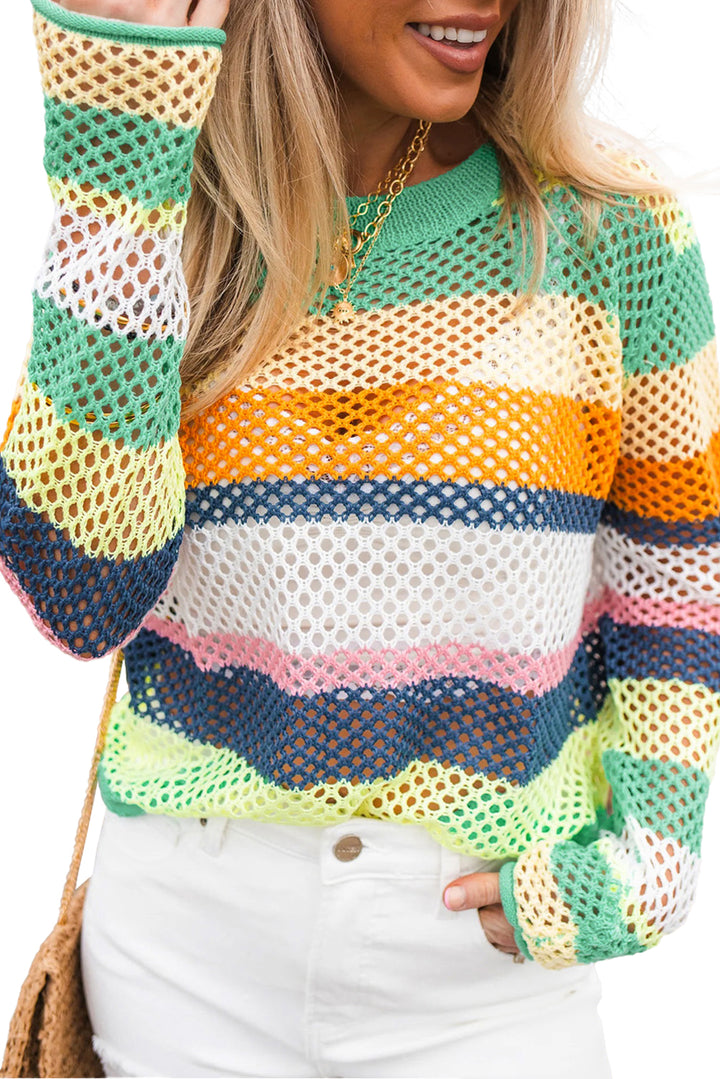 Green Colorblock Striped Hollow Knitted Top