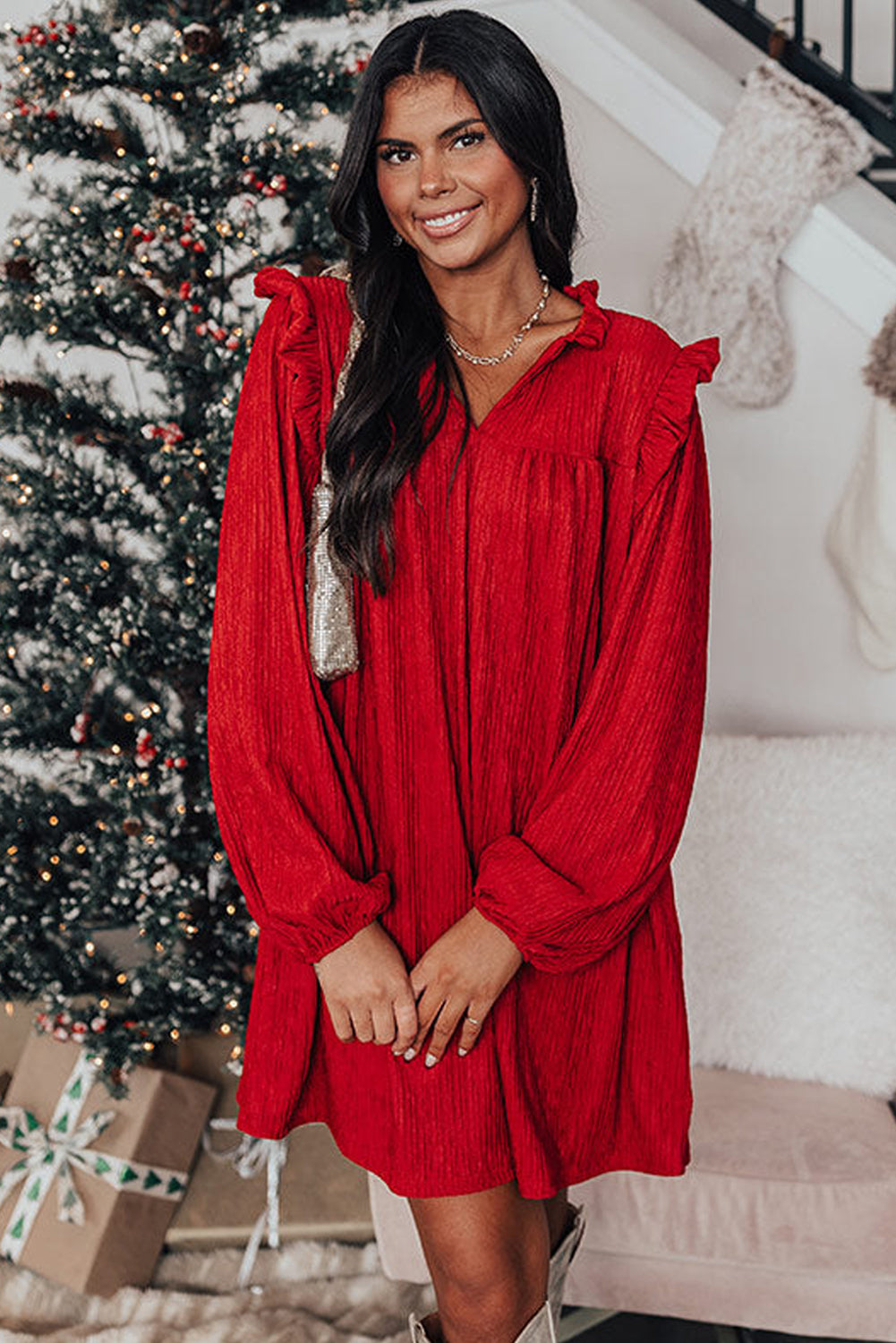 Fiery Red Frill Trim V Neck Loose Fit Ribbed Mini Dress