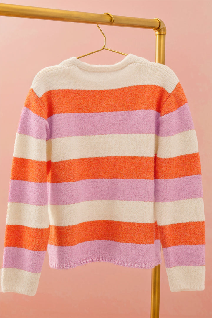 Orange Casual Stripe V Neck Side Slit Sweater