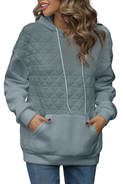 Beige Drop Shoulder Kangaroo Pocket Patchwork Quilted Hoodie