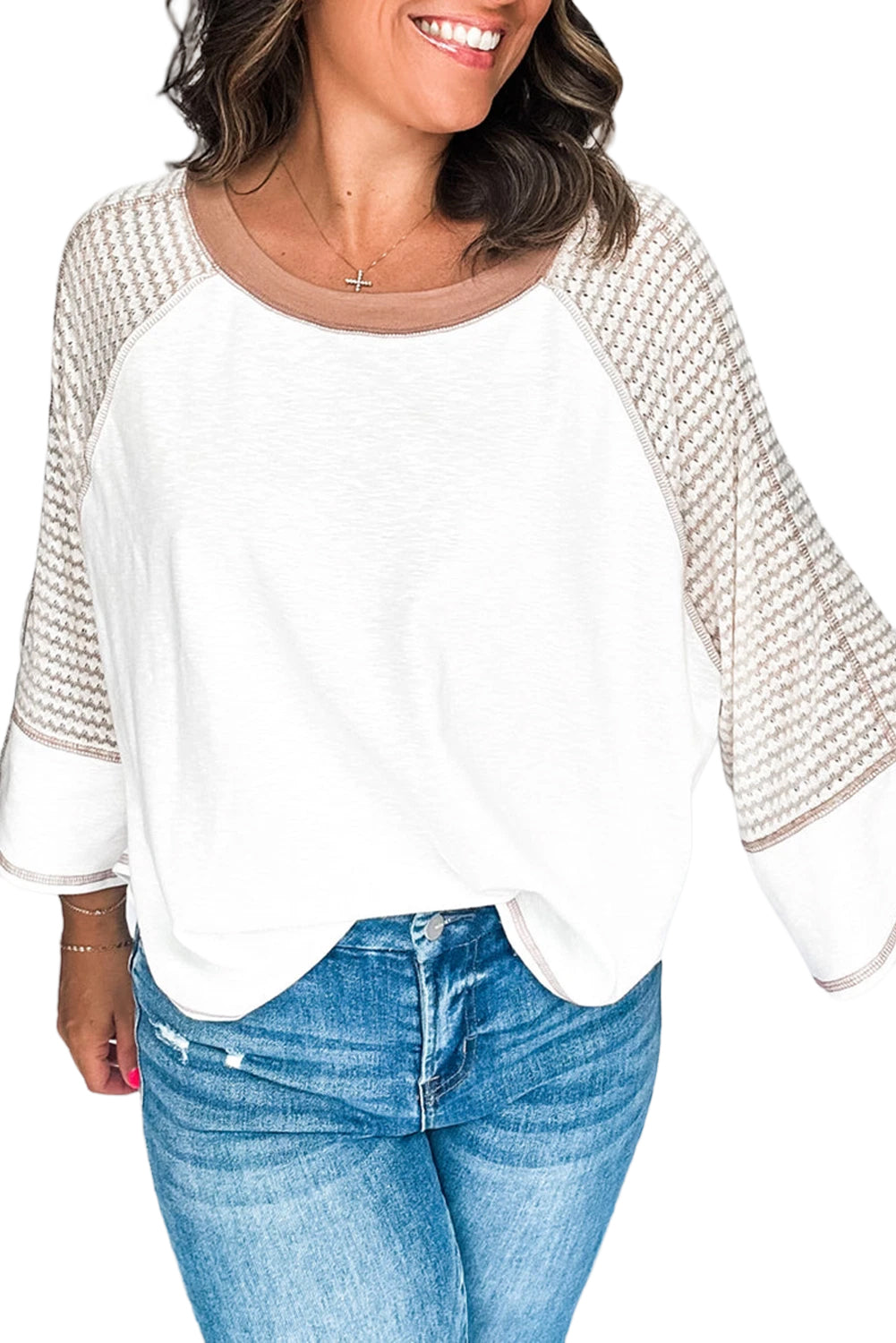 White Striped Raglan Sleeve Patchwork Top