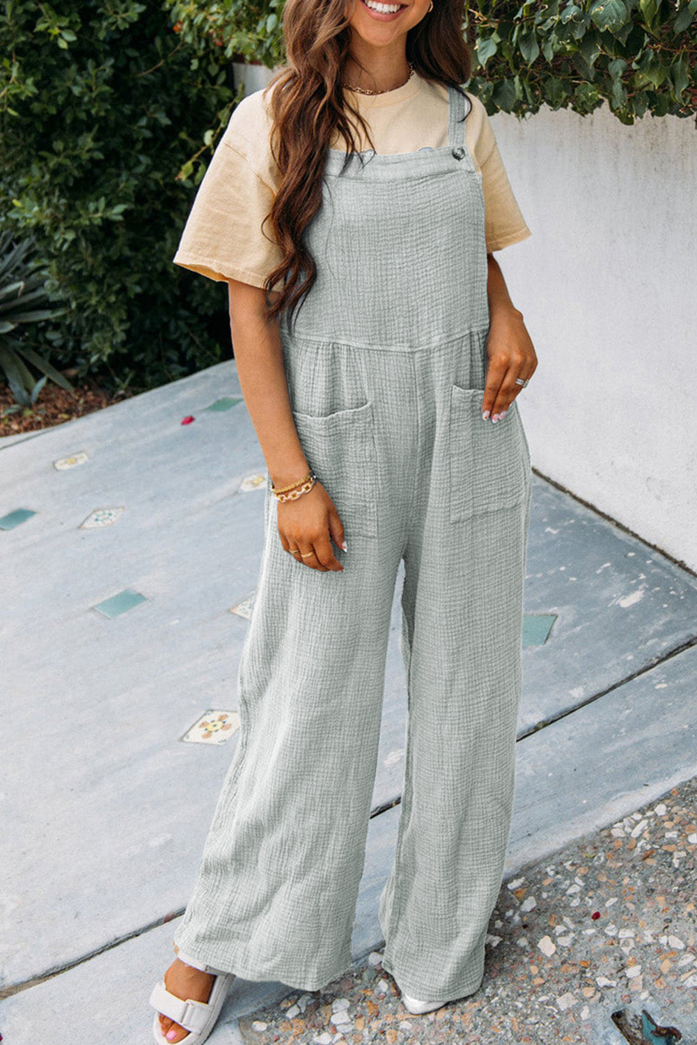 Wholesale Gray Textured Wide Leg Overall with Pockets