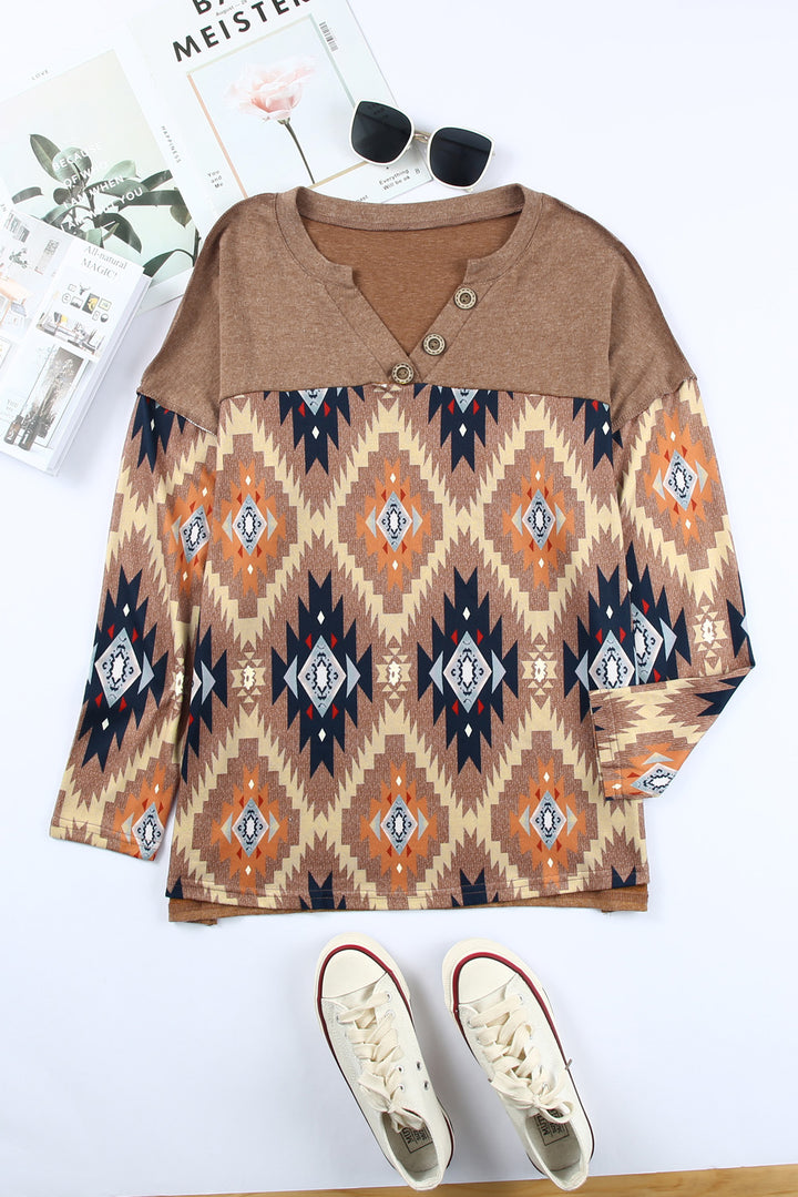 Brown Geometric Pattern Button Front Drop Shoulder Long Sleeve Top