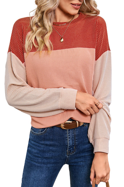 Khaki Color Block Ribbed Loose Long Sleeve Top