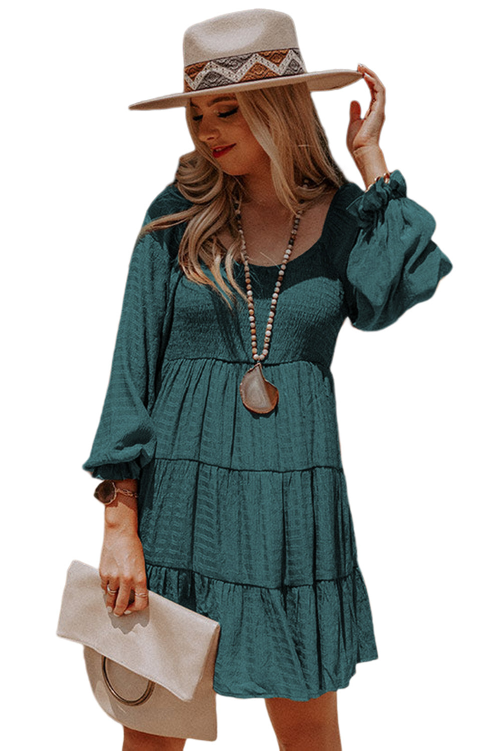 Long Sleeve Smocked Tiered Boho Dress