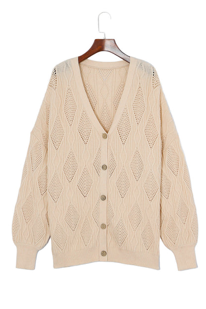 Apricot Knitted Hollow out Button up Plus Size Cardigan