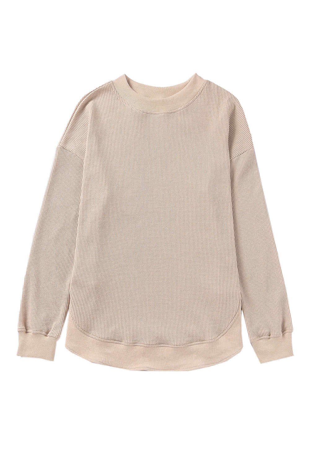 Apricot Crew Neck Ribbed Trim Waffle Knit Long Sleeve Top