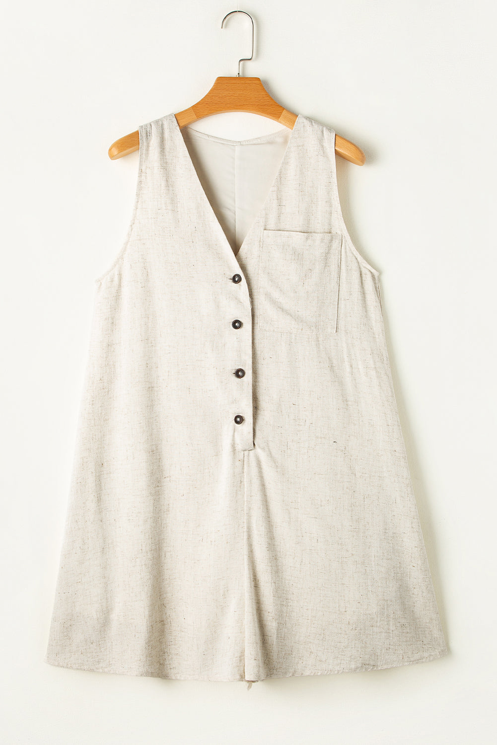 Beige V Neck Buttoned Front Chest Pocket Sleeveless Romper