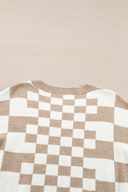 Khaki Checkered Drop Shoulder Round Neck Sweater