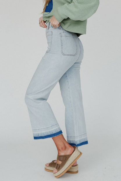 Beau Blue Acid Washed Contrast Hem Pocketed Cropped Jeans