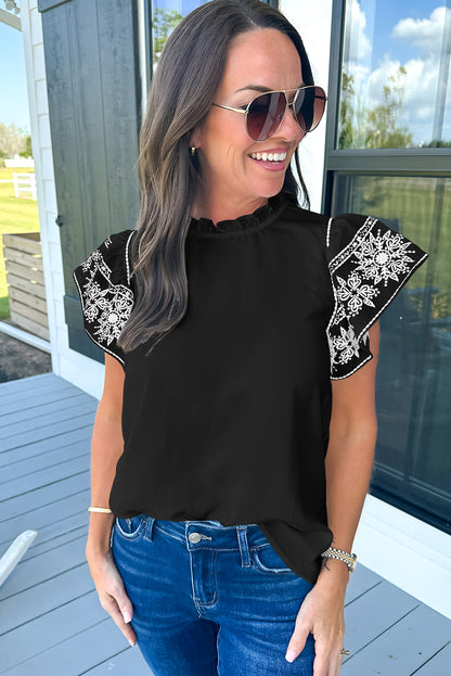 Black Embroidered Ruffled Sleeve Frill Neck Blouse