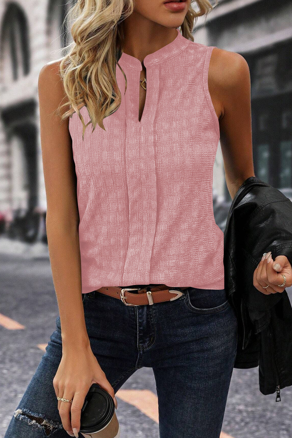 Pink Textured Split V Neck Sleeveless Shirt