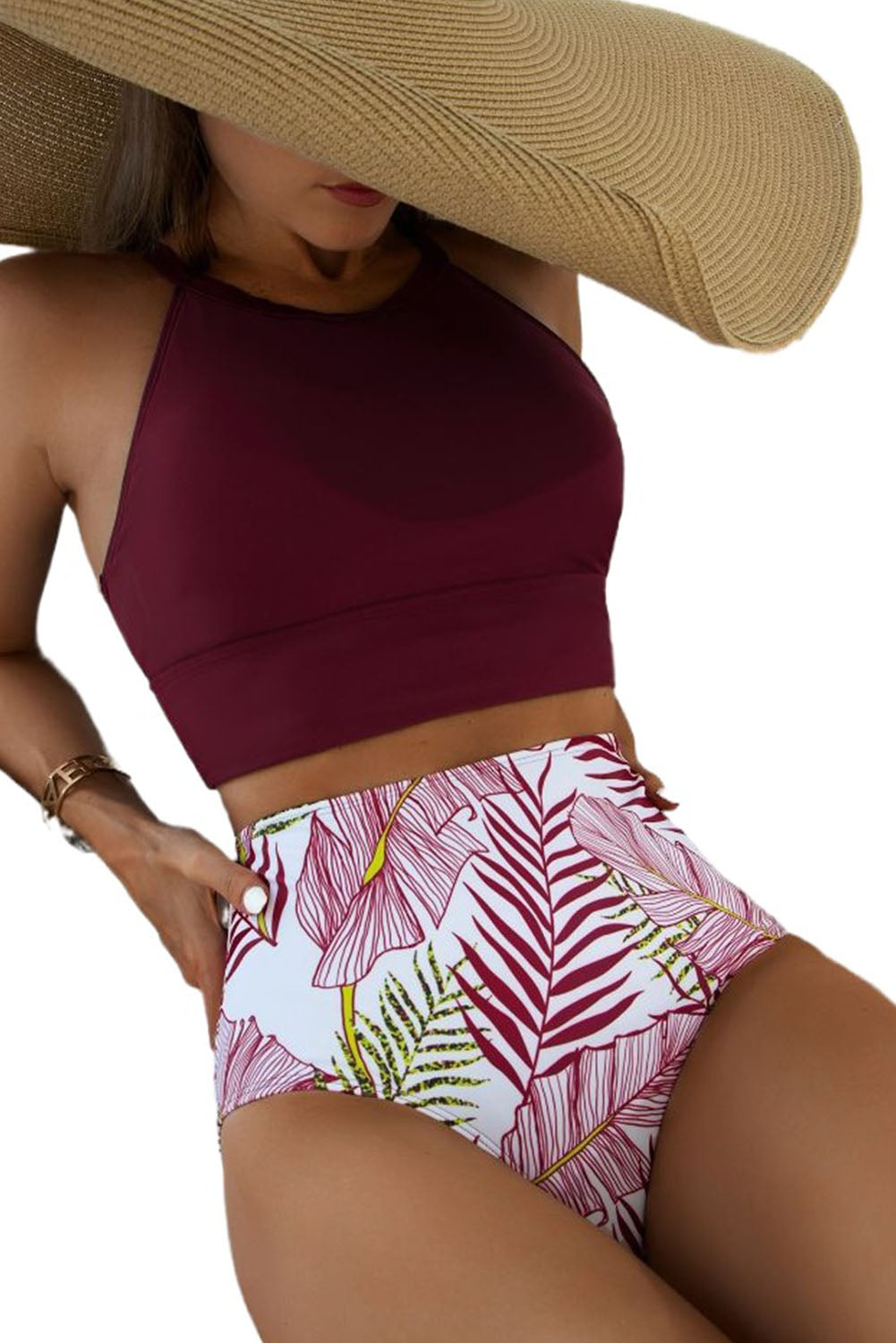 Tropical Print Back Split Color Block High Waisted Swimsuit