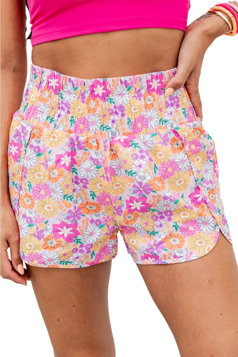 Orange Retro Floral Shirred High Waist Athletic Shorts