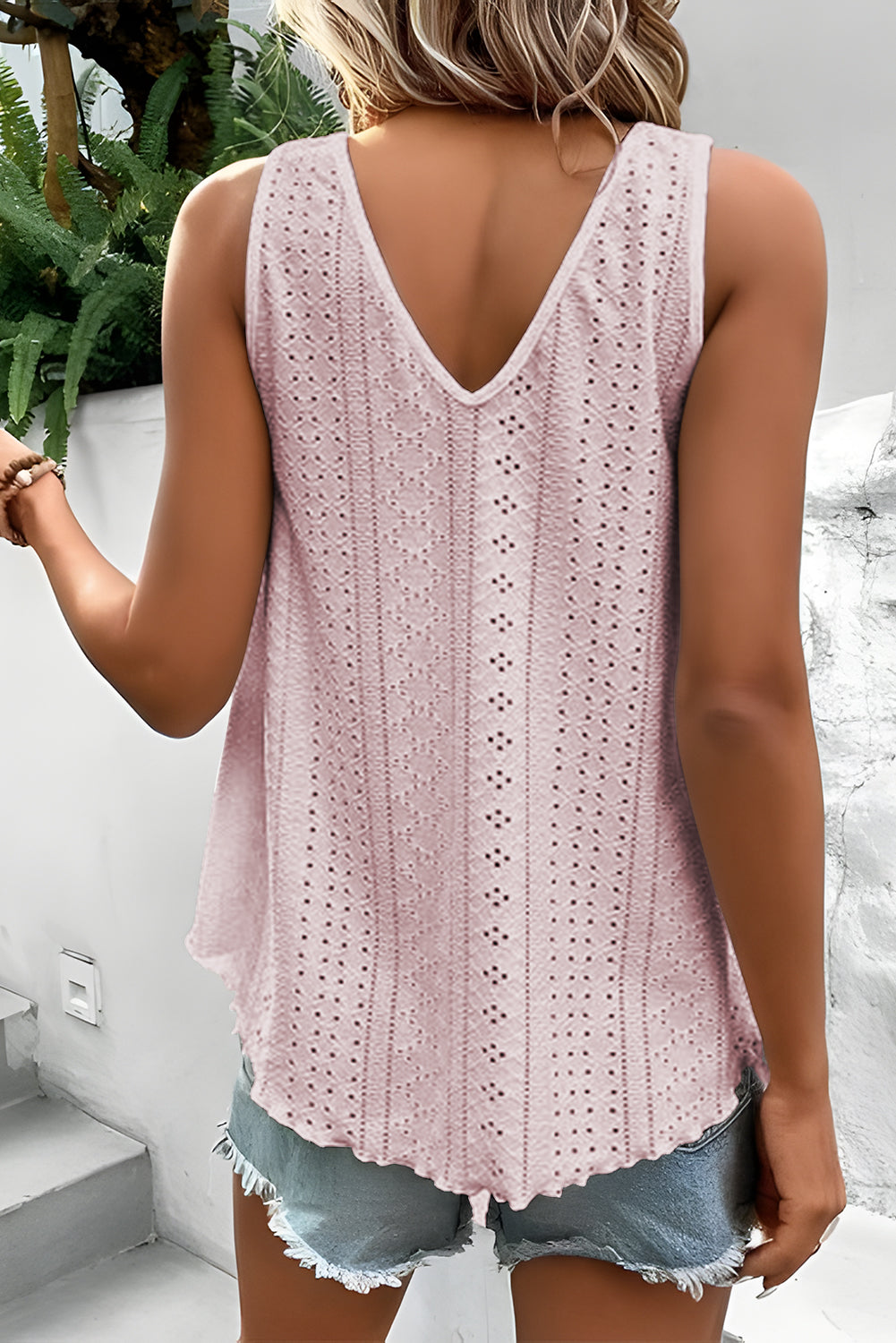 Mist Green Lace Crochet Splicing Eyelet V Neck Tank Top